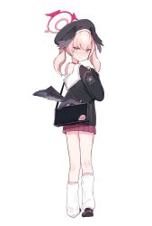 Rule 34 | 1girl, absurdres, beret, black footwear, black hat, black shirt, black wings, blue archive, blush, closed mouth, commentary, feathered wings, from behind, full body, halo, hand on own chest, hat, head wings, highres, kneehighs, koharu (blue archive), long sleeves, looking at viewer, looking back, loose socks, low wings, miniskirt, off shoulder, patanda, pink eyes, pink hair, pleated skirt, puffy long sleeves, puffy sleeves, sailor collar, shirt, single bare shoulder, skirt, sleeves past wrists, socks, solo, twintails, white sailor collar, white socks, winged hat, wings