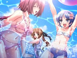 Rule 34 | 3girls, bikini, blue eyes, blue hair, blush, breasts, brown eyes, brown hair, cleavage, covered erect nipples, closed eyes, female focus, flat chest, large breasts, long hair, looking back, midriff, multiple girls, open mouth, red hair, short hair, smile, swimsuit, water, wet
