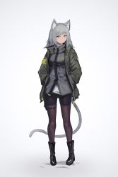 Rule 34 | 1girl, absurdres, animal ears, black footwear, blush, boots, cat ears, cat girl, cat tail, commentary request, deel (rkeg), full body, gradient background, green jacket, grey background, grey eyes, grey hair, hands in pockets, highres, holster, jacket, light blush, long hair, long sleeves, looking at viewer, original, pantyhose, purple pantyhose, shirt, solo, standing, tail, white shirt