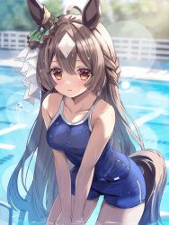 Rule 34 | 1girl, animal ears, blue one-piece swimsuit, blush, braid, breasts, brown hair, commentary request, cowboy shot, cutlass (classic chocolate), ear ornament, french braid, highres, horse ears, horse girl, horse tail, long hair, looking at viewer, medium breasts, multicolored hair, one-piece swimsuit, outdoors, parted lips, partially submerged, pool, satono diamond (umamusume), school swimsuit, solo, streaked hair, swimsuit, tail, tracen swimsuit, umamusume, wet, white hair, yellow eyes