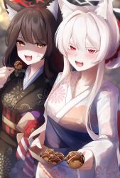 2girls absurdres akira_(blue_archive) anger_vein animal_ear_fluff animal_ears black_hair black_kimono blue_archive blush breasts cat_ears colored_eyelashes false_smile food fox_ears halo highres holding holding_food japanese_clothes jealous kimono long_hair long_sleeves looking_at_viewer medium_breasts multiple_girls obi oiru_(613) open_mouth pink_halo red_eyes red_halo sash shaded_face smile takoyaki wakamo_(blue_archive) white_hair white_kimono wide_sleeves yellow_eyes