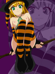 Rule 34 | blonde hair, breasts, broom, broom riding, elbow gloves, fingerless gloves, flat chest, gloves, green eyes, hat, long hair, nipples, nude, original, smile, striped clothes, striped gloves, striped legwear, thighhighs, ultraspank, witch, witch hat