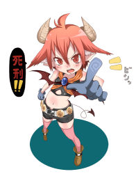 Rule 34 | 1girl, ahoge, bad id, bad pixiv id, belt, chibi, chonbo (artist), demon girl, demon tail, full body, gloves, horns, midriff, navel, original, pointing, pointing at viewer, pointy ears, red eyes, red hair, short hair, shorts, solo, standing, tail, thighhighs, wings