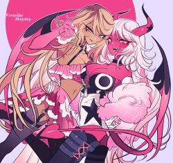 Rule 34 | 2girls, bad id, bad pixiv id, bare shoulders, black thighhighs, blonde hair, breasts, colored sclera, colored skin, cowboy shot, crop top, demon girl, demon horns, demon tail, demon wings, detached sleeves, dutch angle, fangs, hand up, heart on cheek, helluva boss, highres, horns, large breasts, long hair, looking at viewer, meremero, multiple girls, navel, open mouth, pink eyes, pink skirt, pink wings, red skin, skirt, smile, standing, tail, thighhighs, tongue, tongue out, verosika mayday, very long hair, white hair, white skirt, wings, yellow sclera, yellow skin