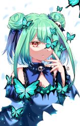 Rule 34 | 1girl, ahoge, animal print, blue dress, blue hair, blue sleeves, bug, butterfly, butterfly print, double bun, dress, ghost earrings, gradient hair, green hair, hair bun, hair ornament, hair ribbon, highres, hololive, hololive fantasy, insect, low twintails, maroonabyss, medium hair, multicolored hair, red eyes, ribbon, short twintails, sidelocks, skull collar, skull hair ornament, solo, twintails, upper body, uruha rushia, uruha rushia (1st costume), virtual youtuber