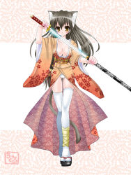 Rule 34 | 1girl, animal ears, artist name, black hair, blush, breasts, cat ears, cat girl, cat tail, chikkuru, cleavage, female focus, floral background, geta, japanese clothes, katana, kimono, long hair, looking at viewer, low-tied long hair, original, panties, platform footwear, sandals, sheath, simple background, slit pupils, solo, standing, sword, tail, thigh gap, thighhighs, traditional clothes, underwear, very long hair, weapon, white panties, white thighhighs, wide sleeves, yellow eyes