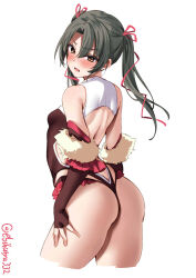 Rule 34 | 1girl, alternate costume, ass, blush, breasts, bridal gauntlets, cropped legs, dark green hair, ebifurya, hair ribbon, highres, kantai collection, long hair, looking at viewer, looking back, one-hour drawing challenge, open mouth, parted bangs, pink ribbon, ribbon, simple background, small breasts, solo, taimanin suit, thighs, twintails, twitter username, white background, yellow eyes, zuikaku (kancolle)