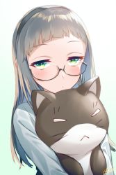 Rule 34 | 1girl, :&lt;, animal, blew andwhite, blue hair, blunt bangs, cat, closed mouth, colored inner hair, commentary request, glasses, gradient background, green eyes, grey hair, hair ornament, highres, holding, holding animal, holding cat, hug, long hair, multicolored hair, original, semi-rimless eyewear, shirt, signature, simple background, solo, under-rim eyewear, upper body, white shirt