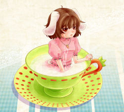 Rule 34 | 1girl, animal ears, bad id, bad pixiv id, brown hair, cup, female focus, in container, in cup, inaba tewi, mini person, minigirl, rabbit ears, red eyes, short hair, solo, suzutou, tail, teacup, tears, touhou
