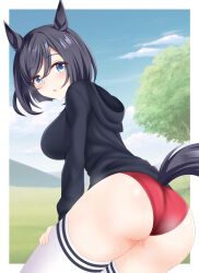 Rule 34 | 1girl, alternate costume, animal ears, ass, black hair, black hoodie, blue sky, blurry, blurry background, blush, border, breasts, buruma, clothing cutout, cloud, cloudy sky, commentary request, eishin flash (umamusume), from behind, grass, grey eyes, gurukorian, hair between eyes, hands on own thighs, highres, hood, hoodie, horse ears, horse girl, horse tail, large breasts, long sleeves, looking at viewer, looking back, open mouth, outdoors, red buruma, short hair, sky, solo, tail, tail through clothes, thighhighs, tree, umamusume, white border, white thighhighs