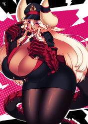 Rule 34 | 1girl, abstract background, blonde hair, bowing, breasts, buttons, claws, cleavage, cowboy shot, curvy, dark-skinned female, dark skin, double-breasted, eyes visible through hair, food, gigantic breasts, hair between eyes, hat, highres, horns, long hair, miniskirt, monster girl, original, pantyhose, pencil skirt, popsicle, purple eyes, shiny clothes, shiny skin, sidelocks, skirt, solo, standing, tail, thick thighs, thighs, tongue, tongue out, w arms, wide hips, yasume (cheap melon soda)