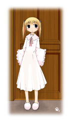 Rule 34 | 1girl, blonde hair, blue eyes, full body, holding, holding behind back, holding pillow, long sleeves, nekotama, nightgown, pillow, short hair, slippers, solo, standing, twintails, two side up
