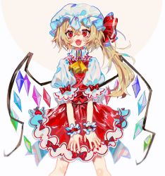 Rule 34 | 1girl, blonde hair, bow, crystal, fangs, flandre scarlet, frilled shirt collar, frilled skirt, frilled sleeves, frills, hat, hat ribbon, highres, mob cap, one side up, open mouth, puffy short sleeves, puffy sleeves, red bow, red eyes, red ribbon, red skirt, red vest, ribbon, shirt, short hair, short sleeves, simple background, skirt, smile, solo, touhou, vest, wabun, white hat, white shirt, wings