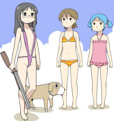Rule 34 | 3girls, :|, aioi yuuko, arms at sides, barefoot, bikini, black eyes, black hair, blank stare, blue hair, blush, brown hair, casual one-piece swimsuit, clenched hands, closed mouth, cloud, coach gun, collar, cube hair ornament, day, dog, double-barreled shotgun, empty eyes, expressionless, flat chest, flipped hair, frilled swimsuit, frills, full body, glasses, grey hair, groin, gun, hair ornament, halterneck, hebichan, holding, holding gun, holding weapon, long hair, minakami mai, multiple-barrel firearm, multiple girls, naganohara mio, navel, nichijou, no nose, oguri cap, one-piece swimsuit, orange bikini, outdoors, parted bangs, pink one-piece swimsuit, pink slingshot swimsuit, purple bikini, rimless eyewear, shadow, short hair, short twintails, shotgun, side-by-side-barreled shotgun, sidelocks, sky, slingshot swimsuit, standing, striped bikini, striped clothes, swimsuit, tongue, tongue out, trigger discipline, twintails, weapon