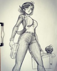 Rule 34 | 1girl, breasts, briefcase, commentary, copyright name, crossover, earrings, english commentary, floating hair, formal, alita, graphite (medium), gun, battle angel alita, handgun, highres, holding, holding briefcase, holding gun, holding weapon, jewelry, large breasts, leadapprentice, looking down, monochrome, necktie, photo (medium), pistol, pulp fiction, short hair, solo, suit, traditional media, weapon