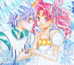 Rule 34 | 1990s (style), 1boy, 1girl, beads, bishoujo senshi sailor moon, bishoujo senshi sailor moon supers, bishounen, blue hair, chibi usa, choker, collarbone, cone hair bun, crescent, crescent facial mark, double bun, dress, earrings, facial mark, finger to mouth, hair bun, hair ribbon, helios (sailor moon), hetero, holding hands, horns, jewelry, marker (medium), orange eyes, pink hair, retro artstyle, ribbon, single horn, small lady serenity, strapless, strapless dress, tonokichi, traditional media, twintails, twitter username, white dress
