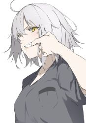 Rule 34 | 1girl, ahoge, alternate costume, casual, fang, fate/grand order, fate (series), finger in own mouth, grey hair, grey shirt, hand up, highres, jeanne d&#039;arc alter (fate), jewelry, lips, looking at viewer, looking down, ri o ne su, ring, shirt, short hair, short sleeves, simple background, sketch, solo, t-shirt, teeth, upper body, wedding ring, white background, yellow eyes