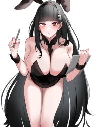 Rule 34 | 1girl, alternate costume, bare legs, bare shoulders, between breasts, black hair, black leotard, black necktie, blue archive, blunt bangs, breasts, bright pupils, cleavage, commentary, detached collar, english commentary, feet out of frame, fingernails, highres, holding, holding pen, huge breasts, leaning forward, leotard, long hair, looking at viewer, nail polish, necktie, necktie between breasts, pen, playboy bunny, red eyes, rio (blue archive), simple background, solo, strapless, strapless leotard, terigumi, very long hair, white background, white pupils, wrist cuffs