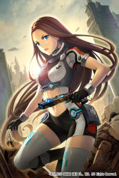Rule 34 | 1girl, backlighting, bike shorts, black gloves, blue eyes, bodysuit, boots, brown hair, building, city, clothing cutout, cloud, from side, gloves, gun, handgun, hazel clive, holding, knee boots, leg lift, lens flare, long hair, looking at viewer, midriff, multicolored eyes, navel, navel cutout, neon trim, official art, outdoors, parted lips, pouch, purple eyes, ruins, science fiction, short sleeves, sky, skyscraper, solo, square enix, standing, standing on one leg, star galaxy, sun, terumii, thighhighs, very long hair, weapon, white thighhighs, zettai ryouiki