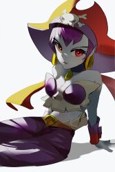 Rule 34 | 1girl, bare shoulders, blue skin, breasts, cleavage, closed mouth, colored skin, earrings, eyelashes, hat, highres, hoop earrings, jaibus, jewelry, looking at viewer, medium breasts, pants, pirate hat, purple hair, purple pants, red eyes, red hat, risky boots, shantae (series), sitting, skull and crossbones, solo, white background