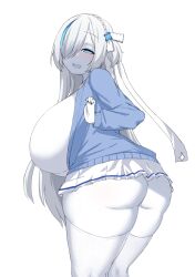 Rule 34 | 1girl, absurdres, ass, azur lane, black nails, blue cardigan, blue eyes, braid, breasts, cardigan, colored skin, curvy, feet out of frame, flower hair ornament, from behind, gigantic breasts, hair ornament, hair over one eye, half-closed eye, hand up, highres, huge ass, leaning forward, light blush, long hair, looking at viewer, looking back, miniskirt, multicolored hair, nail polish, noe (ppppriver), one eye covered, open cardigan, open clothes, open mouth, pleated skirt, seductive smile, simple background, skirt, smile, solo, streaked hair, tb (azur lane), thick thighs, thighhighs, thighs, very long hair, white background, white hair, white skin, white skirt, white thighhighs