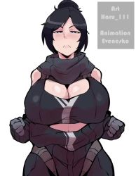 Rule 34 | 1girl, angry, animated, apex legends, black hair, blush, breasts, clothes, evenesko, horu (horu 111), huge breasts, long hair, looking at viewer, simple background, video, white background, wraith (apex legends)