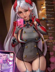 Rule 34 | 1girl, azur lane, blush, bottomless, breasts, cellphone, cellphone display, chat log, fake phone screenshot, fake screenshot, garter straps, gloves, grey gloves, hair ornament, twirling hair, heart, kittew, large breasts, lips, livestream, long hair, mole, mole on breast, phone, prinz eugen (azur lane), red eyes, red gloves, selfie, sideboob, silver hair, smartphone, solo, thighs, twintails, very long hair