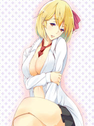 Rule 34 | 1girl, between breasts, blonde hair, breasts, clothes between breasts, dress shirt, female focus, hair ribbon, crossed legs, looking at viewer, necktie, aged up, open clothes, open shirt, q (a72pgc), red eyes, ribbon, rumia, shirt, short hair, sitting, skirt, solo, touhou