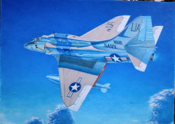 Rule 34 | 1boy, a-4 skyhawk, absurdres, acrylic paint (medium), aircraft, airplane, bad id, bad pixiv id, blue sky, calligraphy brush (medium), cloud, commentary request, day, flying, hayashi toshihiro, highres, male focus, military, original, outdoors, painting (medium), scenery, sky, solo, traditional media, vehicle focus