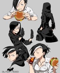 Rule 34 | 1girl, absurdres, black coat, black hair, blue eyes, burger, closed eyes, coat, cross, cross necklace, cup, drinking, drinking glass, earrings, eating, female focus, food, food on face, gloves, grey background, grin, hair over one eye, highres, hite hair, holding, holding food, hood, hooded coat, iwado anna, jewelry, kamezaemon, multicolored hair, necklace, original, simple background, smile, solo, two-tone hair