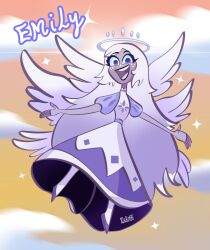 Rule 34 | angel, angel wings, artist name, character name, cloud, colored skin, dress, emily (hazbin hotel), english text, fingerless gloves, freckles, gloves, glowing halo, grey hair, grey skin, hazbin hotel, highres, long hair, multiple wings, open mouth, orange sky, outstretched arms, pantyhose, pasquiniclaudi4, purple dress, purple eyes, sky, smile, sparkle, very long hair, white pantyhose, wings