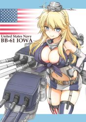 Rule 34 | 10s, 1girl, :q, ahoge, american flag, bare shoulders, blonde hair, blue eyes, breasts, character name, cleavage, closed mouth, clothing cutout, detached sleeves, elbow gloves, fingerless gloves, front-tie top, garter straps, gloves, hair between eyes, hand on own hip, headgear, highres, iowa (kancolle), kantai collection, large breasts, licking lips, long hair, looking at viewer, md5 mismatch, miniskirt, navel, navel cutout, okutama tarou, skirt, smile, solo, star-shaped pupils, star (symbol), symbol-shaped pupils, thighhighs, tongue, tongue out, wavy hair