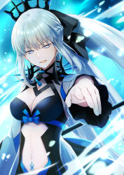 Rule 34 | 1girl, absurdres, black dress, black ribbon, blue eyes, braid, breasts, cleavage, clothing cutout, commentary request, dress, fate/grand order, fate (series), fingernails, floating hair, french braid, grey hair, hair ribbon, highres, holding, holding staff, holding weapon, long hair, looking at viewer, medium breasts, morgan le fay (fate), nakanohiro, navel, open mouth, outstretched arm, ponytail, pubic tattoo, reaching, reaching towards viewer, ribbon, sidelocks, smile, solo, spikes, staff, stomach, stomach cutout, tattoo, tiara, two-tone dress, very long hair, weapon, white dress