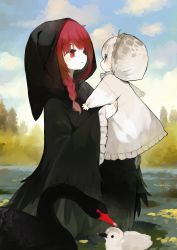 Rule 34 | 2girls, absurdres, animal, bird, black robe, black swan (bird), braid, carrying, day, eye contact, feathers, highres, hood, looking at another, mother and daughter, multiple girls, original, personification, pond, red eyes, red hair, robe, sakutake (ue3sayu), standing, swan