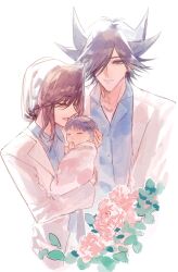 Rule 34 | 1girl, 2boys, absurdres, age difference, aged down, baby, black eyes, black hair, blanket, blue shirt, brown hair, chinese commentary, closed eyes, coat, collared shirt, commentary request, crossed wrists, doctor fudo, father and son, flower, fudo yusei&#039;s mother, fudo yusei, hand on another&#039;s back, hand on another&#039;s head, hands up, happy, highres, holding baby, lab coat, leaf, low ponytail, mother and son, multicolored hair, multiple boys, naoki (2rzmcaizerails6), open mouth, pink flower, shirt, short hair, smile, spiked hair, streaked hair, upper body, white background, white coat, yu-gi-oh!, yu-gi-oh! 5d&#039;s