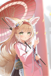 Rule 34 | 1girl, absurdres, animal ear fluff, animal ears, apron, arknights, blonde hair, blurry, blush, chinese knot, coin purse, commentary, depth of field, falling petals, fang, flower, fox ears, fox girl, fox tail, frilled apron, frills, green eyes, hair flower, hair ornament, hairband, hands up, highres, holding, holding umbrella, japanese clothes, kimono, kitsune, kyuubi, long hair, long sleeves, multicolored hair, multiple tails, official alternate costume, oil-paper umbrella, parted lips, petals, pink kimono, pinwheel, red hairband, red umbrella, seaz (27942728), solo, suzuran (arknights), suzuran (yukibare) (arknights), tail, tassel, torii, two-tone hair, umbrella, upper body, waist apron, white apron, white hair, wide sleeves, yagasuri