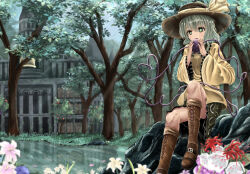 Rule 34 | black headwear, blue sky, boots, brown footwear, building, commentary request, cross-laced clothes, flower, full body, green eyes, green hair, green skirt, hat, hat ribbon, heart, heart of string, komeiji koishi, long sleeves, mukaino kei, outdoors, red flower, reflection, reflective water, ribbon, rock, shirt, short hair, skirt, sky, spider lily, third eye, touhou, tree, white flower, wide sleeves, yellow ribbon, yellow shirt
