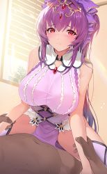 Rule 34 | 1girl, bare shoulders, blush, breasts, clothed female nude male, damda, dress, fate/grand order, fate (series), girl on top, hair between eyes, hair intakes, headpiece, heart, heart-shaped pupils, large breasts, long hair, looking at viewer, nude, purple dress, purple hair, purple ribbon, red eyes, ribbon, scathach (fate), scathach skadi (fate), scathach skadi (third ascension) (fate), solo focus, symbol-shaped pupils, tiara