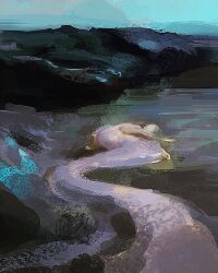 Rule 34 | abstract, ambiguous gender, beach, collapsed, commentary, day, english commentary, faux traditional media, highres, lying, mermaid, monster girl, ocean, on side, original, outdoors, partially submerged, rock, swimming, topless, water, waves, yuming li
