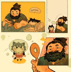 Rule 34 | 1boy, 1girl, black hair, blowing bubbles, bored, brown hair, bubble wand, cat girl, cooking, cutystuffy, deformed, dungeon meshi, dwarf, english text, high ponytail, highres, izutsumi, notice lines, official alternate costume, senshi (dungeon meshi), soap bubbles, sparse arm hair, thick mustache, upper body