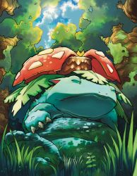 Rule 34 | claws, closed mouth, cloud, commentary request, creatures (company), day, closed eyes, from below, game freak, gen 1 pokemon, grass, highres, nintendo, no humans, outdoors, pokemon, pokemon (creature), sky, solo, sun, tree, venusaur, yamanushi