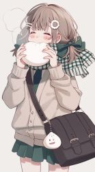 Rule 34 | 1girl, absurdres, bag, bag charm, baozi, blush, brown hair, cardigan, charm (object), closed eyes, cowboy shot, eating, eyebrows hidden by hair, food, gingham, green necktie, green ribbon, green scarf, green skirt, grey background, hair ornament, hair ribbon, hairclip, highres, holding, holding food, long sleeves, necktie, original, pleated skirt, ribbon, scarf, school bag, school uniform, shiraho (color-56), short-hair, short twintails, simple background, skirt, solo, twintails