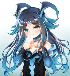 Rule 34 | 1girl, bare shoulders, black dress, black hair, blue background, blue hair, blue sleeves, bonanus (genshin impact), closed mouth, collarbone, commentary request, detached sleeves, dress, facial mark, forehead mark, genshin impact, gradient background, gradient hair, hands up, highres, horns, long hair, long sleeves, multicolored hair, parted bangs, smile, solo, strapless, strapless dress, upper body, white background, zhai mu q