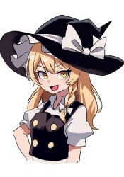 Rule 34 | 1girl, black hat, black vest, blonde hair, bow, buttons, commentary request, cropped arms, cropped torso, fang, frilled hat, frills, hat, hat bow, highres, kirisame marisa, kv-san, long hair, open mouth, shirt, simple background, solo, touhou, v-shaped eyebrows, vest, white background, white bow, white shirt, witch, witch hat, yellow eyes