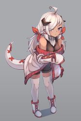 Rule 34 | 1girl, ahoge, bare shoulders, black shirt, black shorts, blush, boots, closed mouth, commentary, curled horns, dark-skinned female, dark skin, english commentary, eyes visible through hair, full body, grey background, hair over one eye, hair ribbon, haira (klaius), highres, horns, jacket, leaning forward, long hair, long sleeves, low twintails, miya (miyaruta), off shoulder, original, purple eyes, red ribbon, ribbon, shadow, shirt, short eyebrows, short shorts, shorts, silver hair, sleeveless, sleeveless shirt, sleeves past fingers, sleeves past wrists, solo, standing, tail, tail ornament, tail ribbon, thick eyebrows, thighhighs, twintails, white footwear, white jacket, white thighhighs