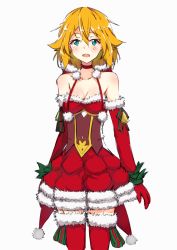 Rule 34 | 1girl, bad id, bad pixiv id, blue eyes, christmas stocking, dress, elbow gloves, fur-trimmed dress, fur trim, gloves, highres, looking at viewer, orange hair, p.k.f, philia (sao), red dress, simple background, smile, solo, sword art online, thighhighs, white background