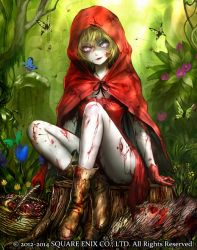 Rule 34 | 1girl, blonde hair, blood, boots, bug, butterfly, cloak, crossed ankles, deadman&#039;s cross, dress, flower, fly, full body, gloves, hood, hooded cloak, injury, bug, legs, little red riding hood, little red riding hood (grimm), looking at viewer, outdoors, pale skin, parted lips, raypass, red dress, red gloves, red hood, red lips, short hair, sitting, solo, tree stump, undead, zombie