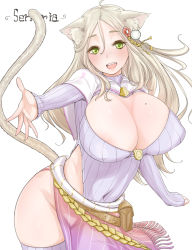 Rule 34 | 1girl, animal ears, areola slip, bag, belt, breasts, cat ears, cat girl, cat tail, cleavage, curvy, female focus, freckles, green eyes, groin, highleg, huge breasts, long hair, long skirt, mole, mole on breast, open mouth, original, shirt, silver hair, simple background, skirt, solo, standing, tail, thighhighs, white background, yaman (yamanta lov)
