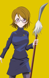 Rule 34 | 1girl, artist name, artist request, black legwear, blush, breasts, brown hair, cosplay, female focus, glasses, hair between eyes, highres, holding, holding weapon, jujutsu kaisen, koizumi hanayo, long sleeves, looking at viewer, love live!, love live! school idol project, medium breasts, parted lips, purple eyes, short hair, skirt, smile, solo, weapon, yellow background