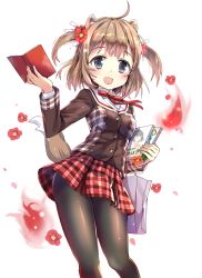 Rule 34 | 1girl, :d, ahoge, animal ears, bag, black pantyhose, blue eyes, blush, book, breasts, brown hair, brown jacket, collared shirt, commentary request, dog ears, dog girl, dog tail, fingernails, fire, flower, hair flower, hair ornament, hair ribbon, holding, holding book, jacket, jin young-in, long sleeves, medium breasts, official art, open book, open mouth, original, pantyhose, plaid, plaid skirt, pleated skirt, red flower, red skirt, ribbon, school uniform, shirt, shopping bag, skirt, smile, solo, tail, two side up, white background, white ribbon, white shirt